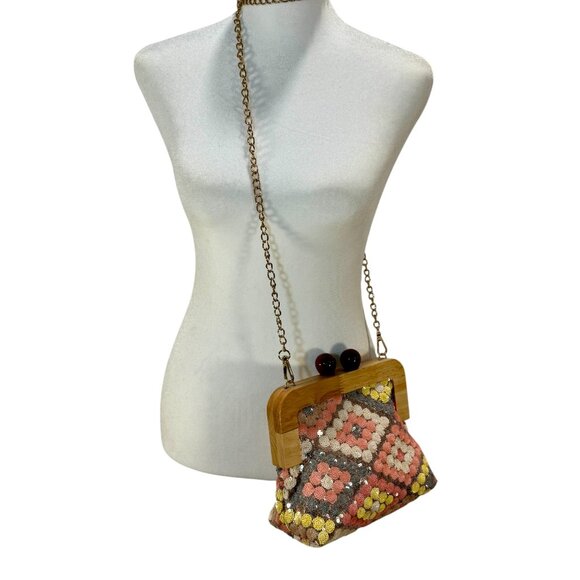 Chic Floral Sequin Wood Frame Crossbody Clutch Bag, Evening Purse - Picture 1 of 5